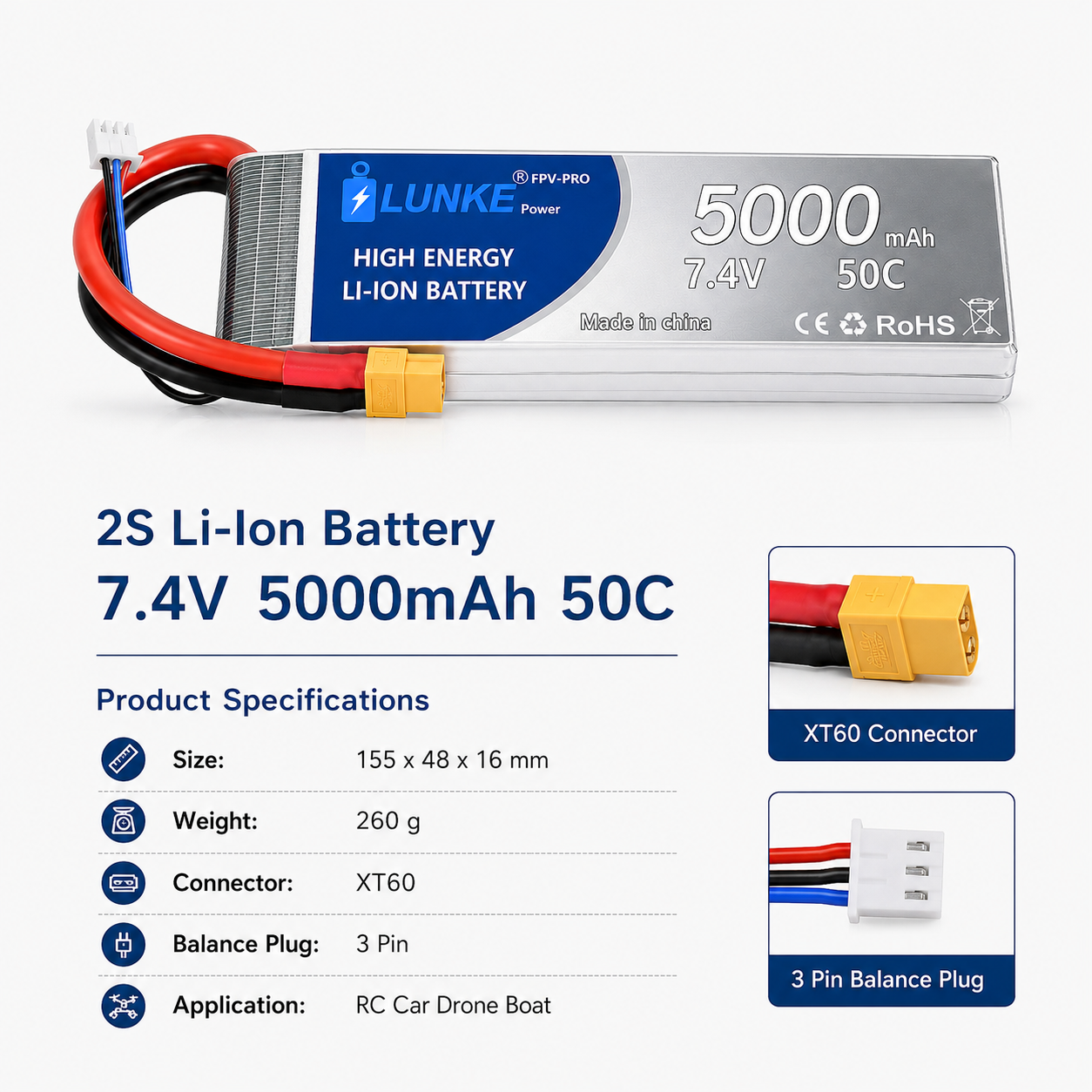 Batterie Lipo 2S 7.4V 5000mAh  - đánh giá và giá Drone Avion Rc